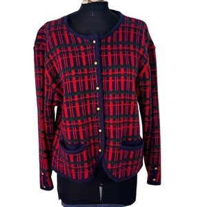 VTG 90s Women M Red Plaid Gold Buttons‎ Cardigan Sweater Academia Classic Preppy